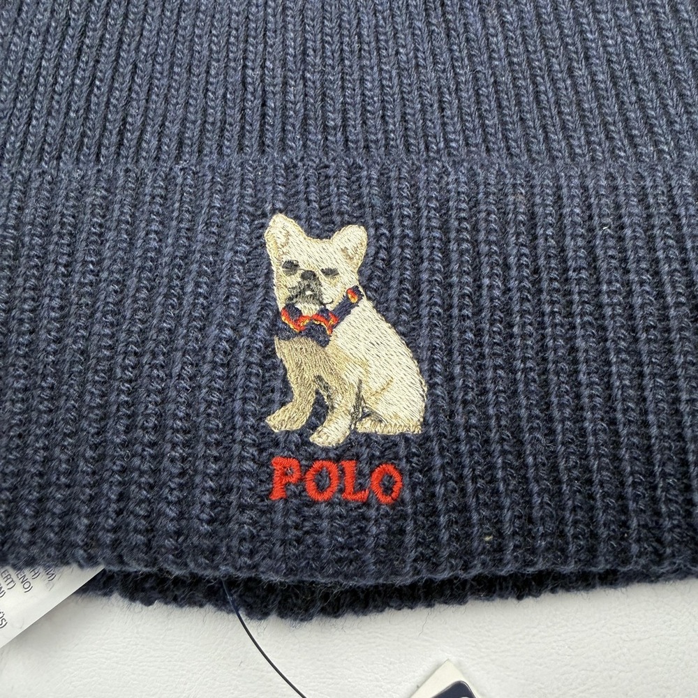 Polo Ralph Lauren Hat Beanie One Size Blue Dog Embroidered Knit Winter Mens - Picture 2 of 5